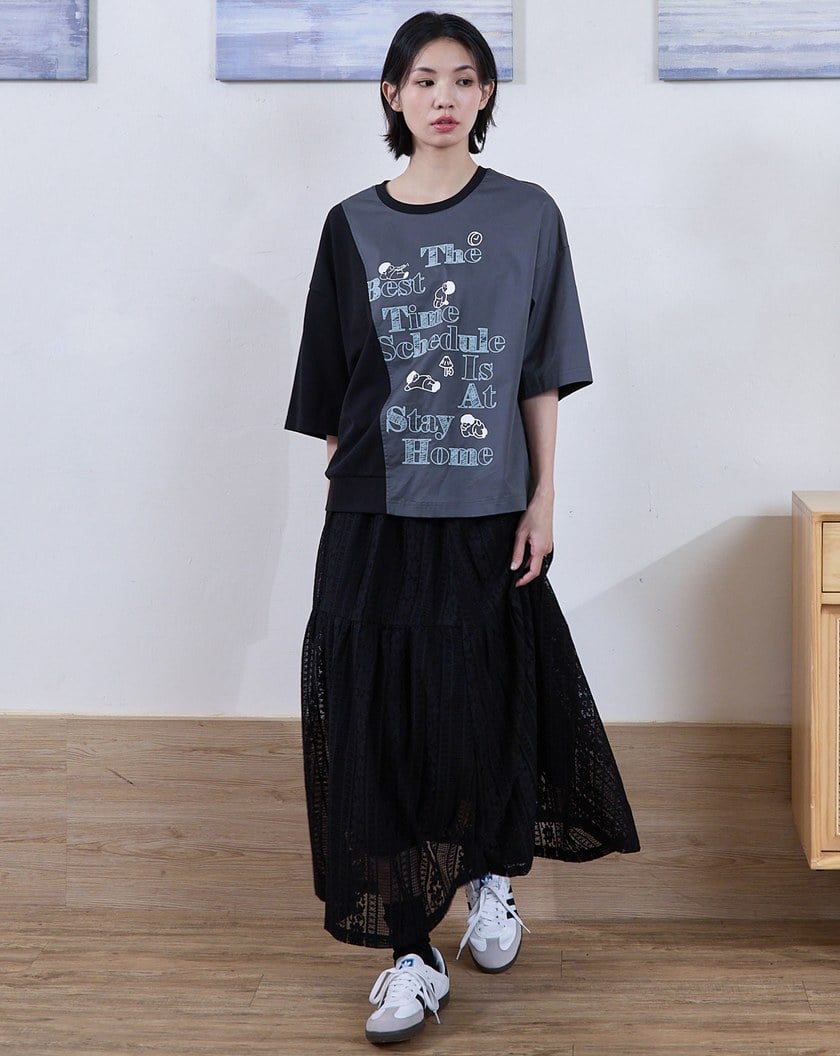 宅在家繡花異材質拼接7分袖T恤(兩色)