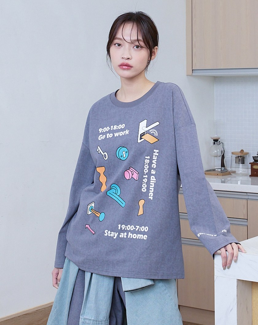 特殊蠟洗門鎖印花寬版長袖T恤(兩色)