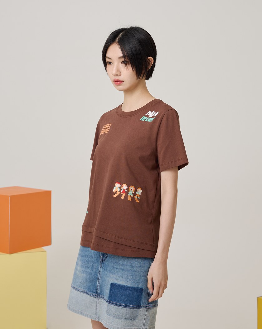 電玩小人過馬路斜下擺純棉T恤(三色)