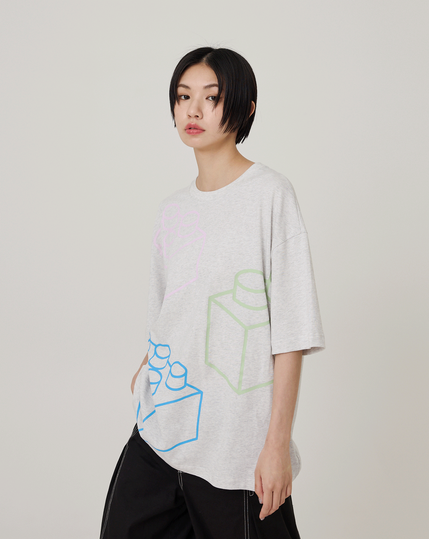 積木線條後簍空假兩件純棉T恤(兩色)