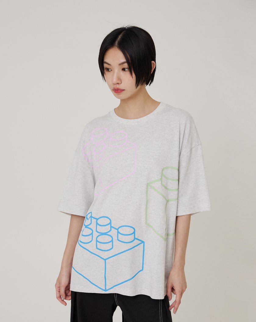 積木線條後簍空假兩件純棉T恤(兩色)