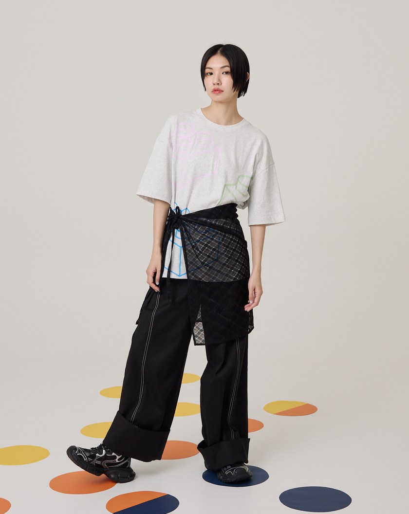 積木線條後簍空假兩件純棉T恤(兩色)