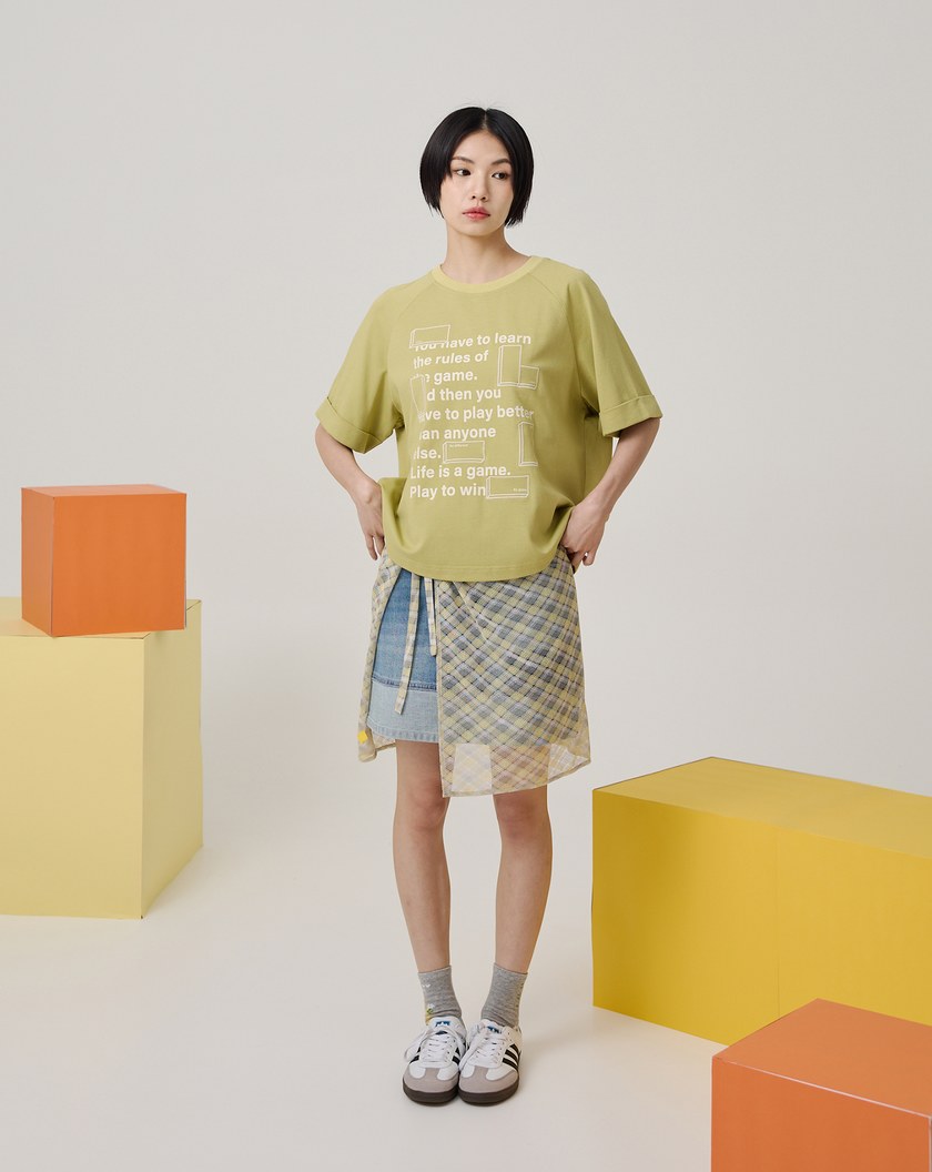 標語繡花紋理拉克蘭袖涼感T恤(兩色)