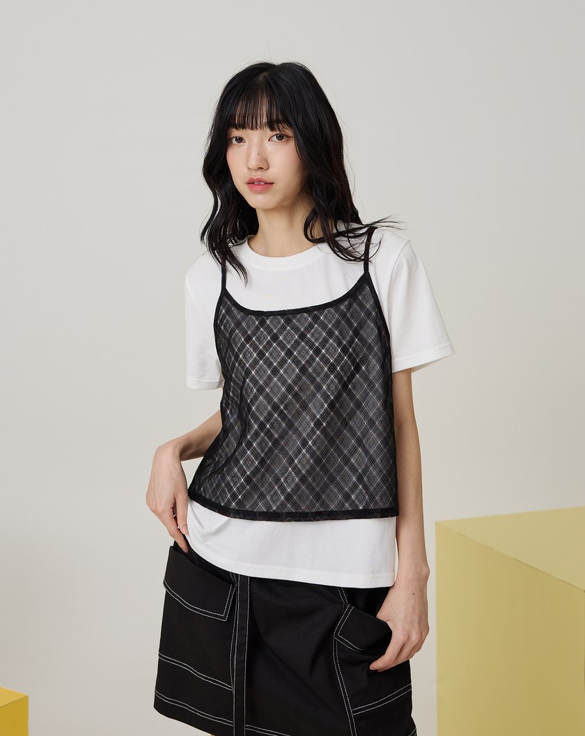 菱格網紗背心兩件式涼感T恤(兩色)