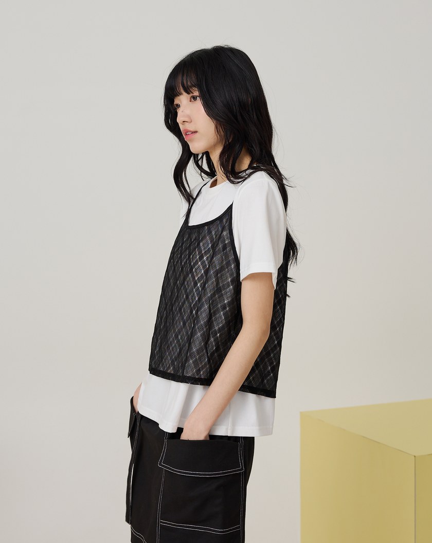 菱格網紗背心兩件式涼感T恤(兩色)
