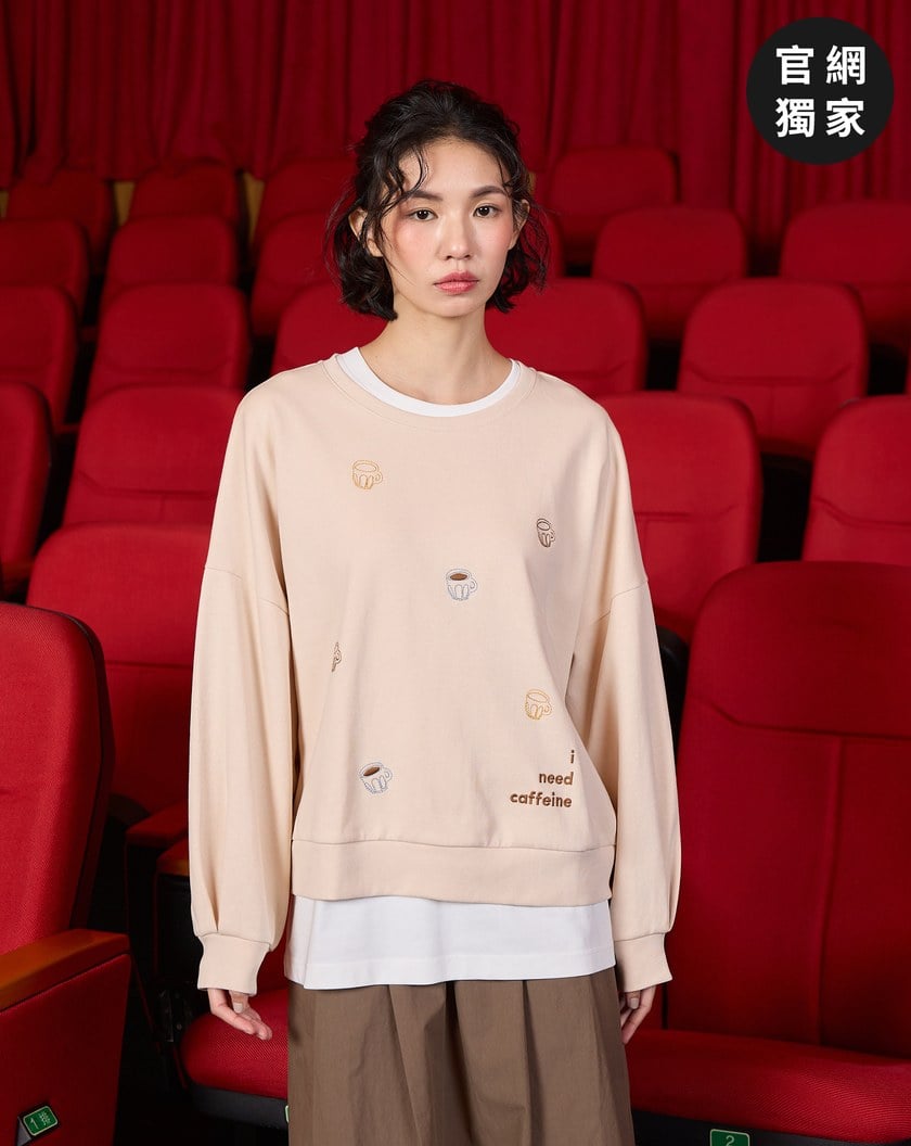 ➤咖啡繡花落肩寬鬆大學T(兩色)