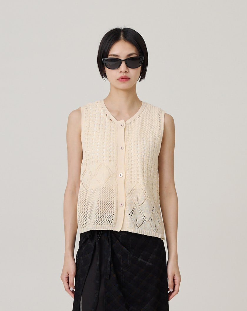 仿麻鏤空開襟針織背心(兩色)