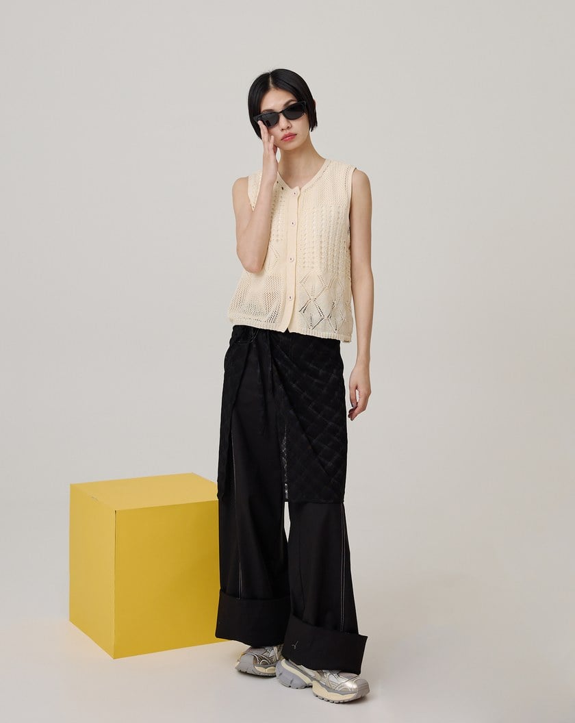 仿麻鏤空開襟針織背心(兩色)