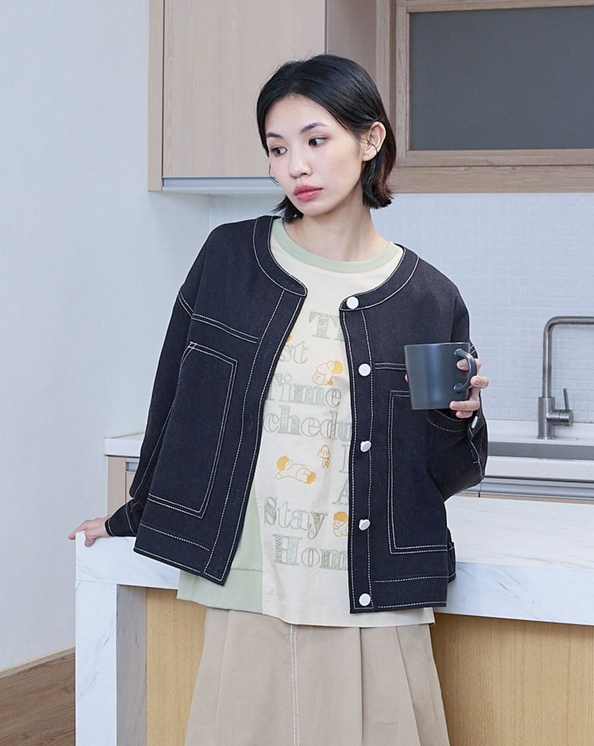 g字繡花壓線圓領開襟外套(兩色)