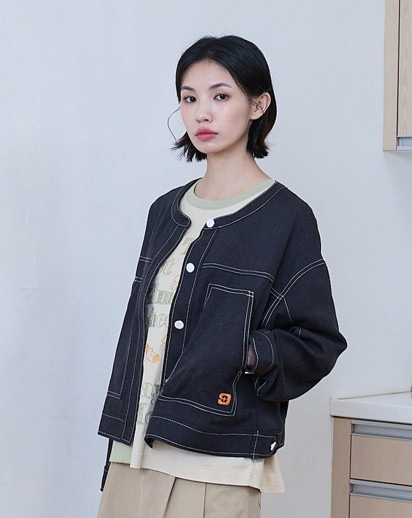 g字繡花壓線圓領開襟外套(兩色)