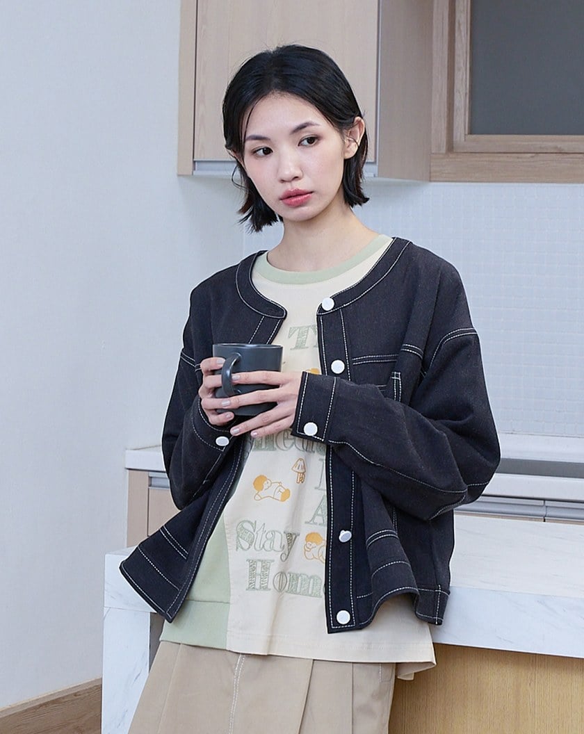 g字繡花壓線圓領開襟外套(兩色)