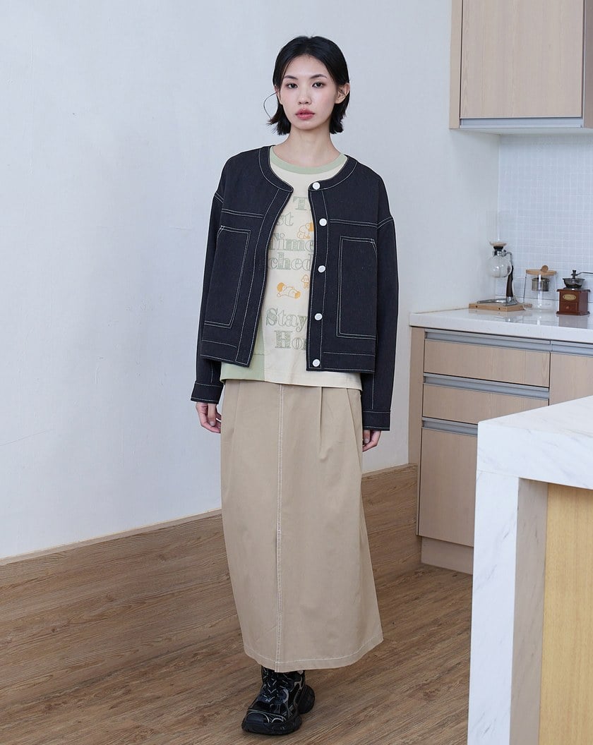 g字繡花壓線圓領開襟外套(兩色)