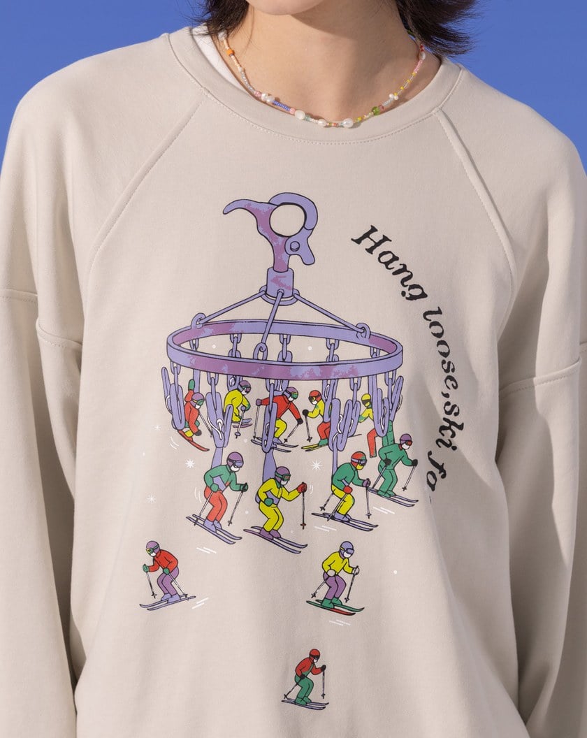 ➤發熱曬衣夾造型滑雪纜車印花大學T(兩色)