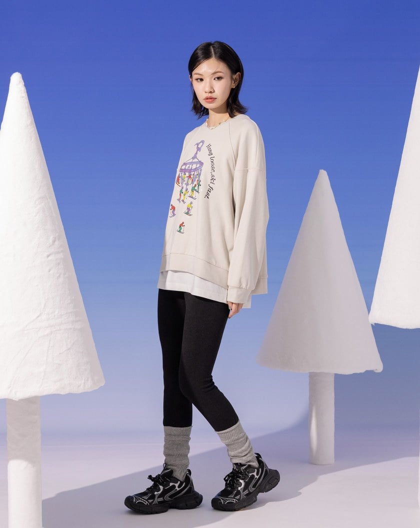 ➤發熱曬衣夾造型滑雪纜車印花大學T(兩色)