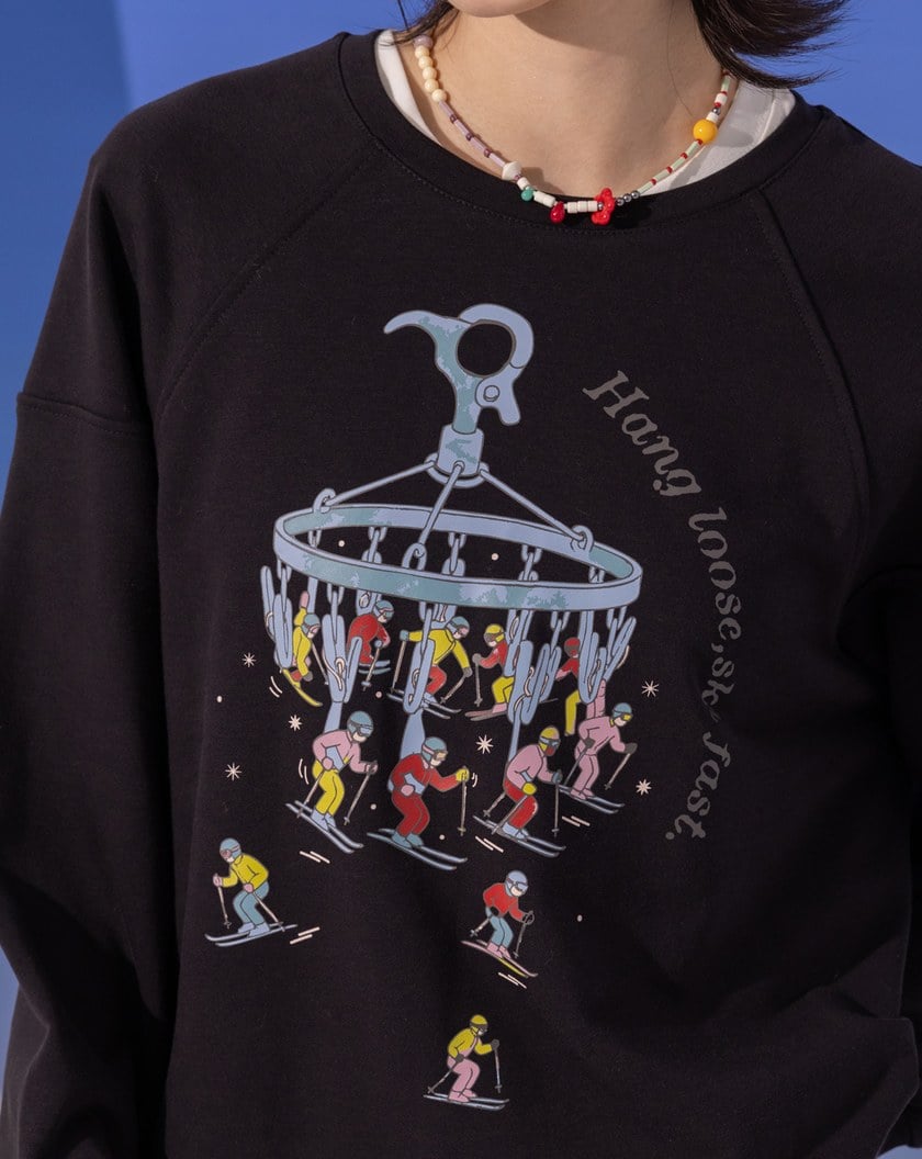 ➤發熱曬衣夾造型滑雪纜車印花大學T(兩色)