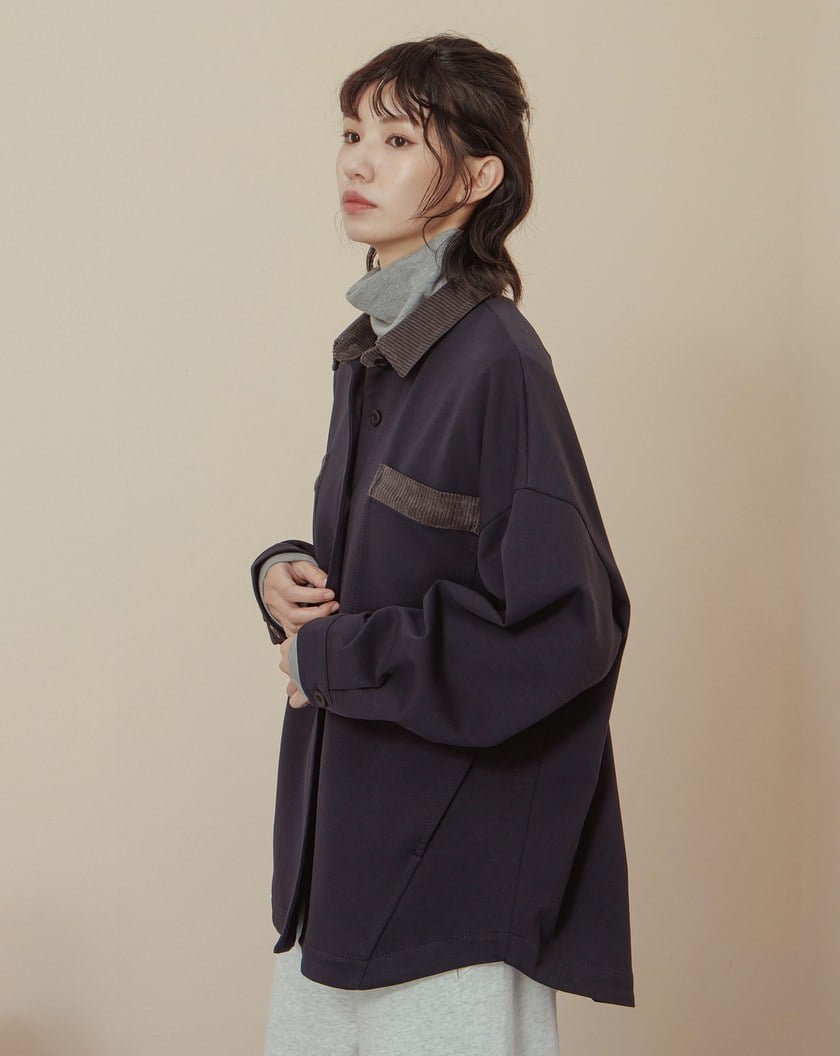 異材質配色拼接條絨襯衫外套(兩色)