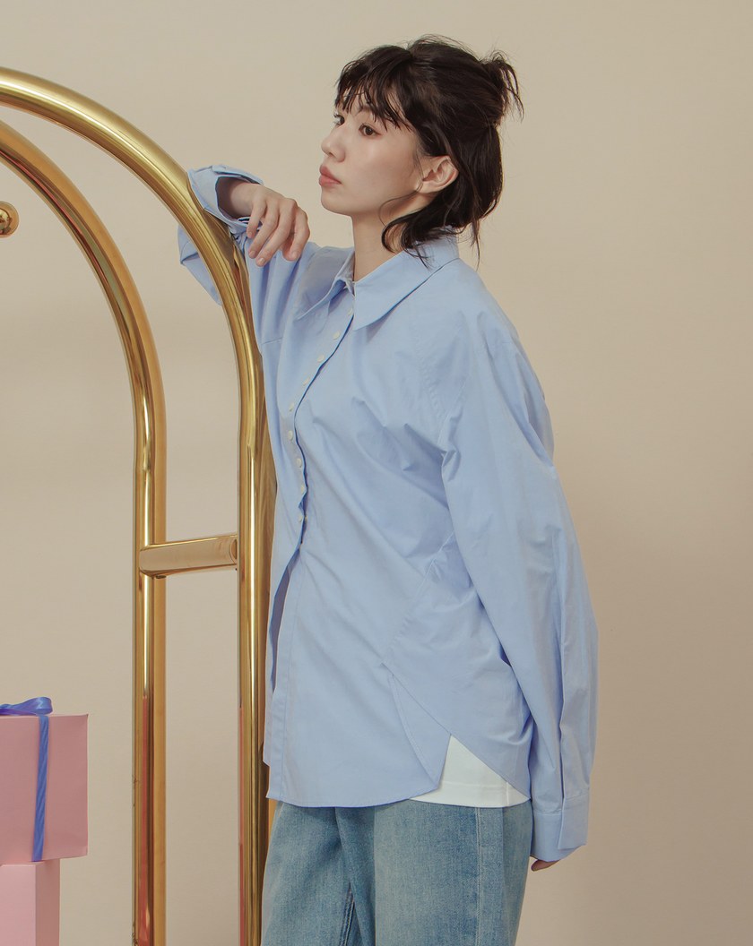 配色釦造型打褶下擺長袖襯衫(三色)