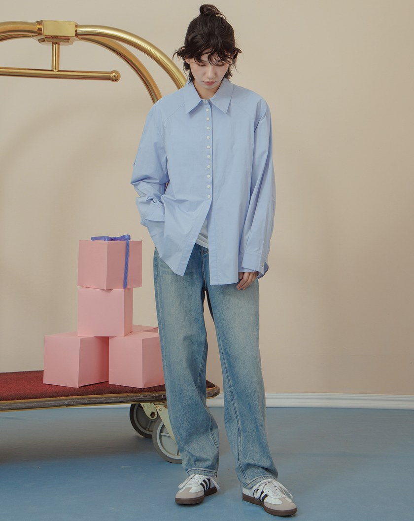 配色釦造型打褶下擺長袖襯衫(三色)