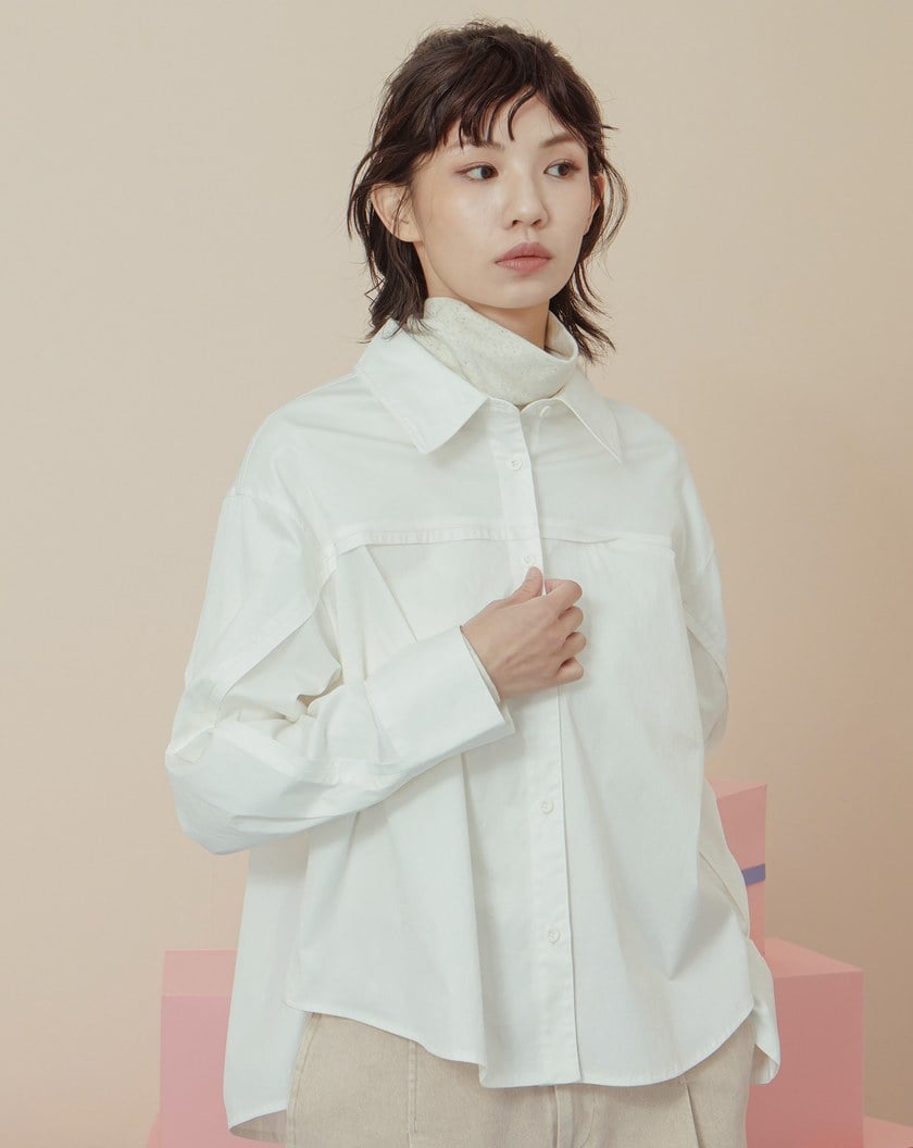 抗皺造型剪接背後打褶長袖襯衫(兩色)