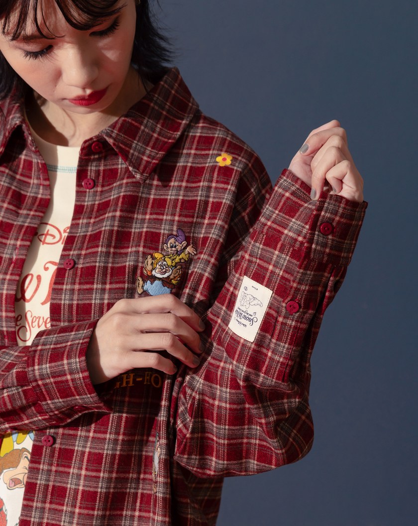 迪士尼系列 小矮人繡花復古格紋長袖襯衫(兩色)