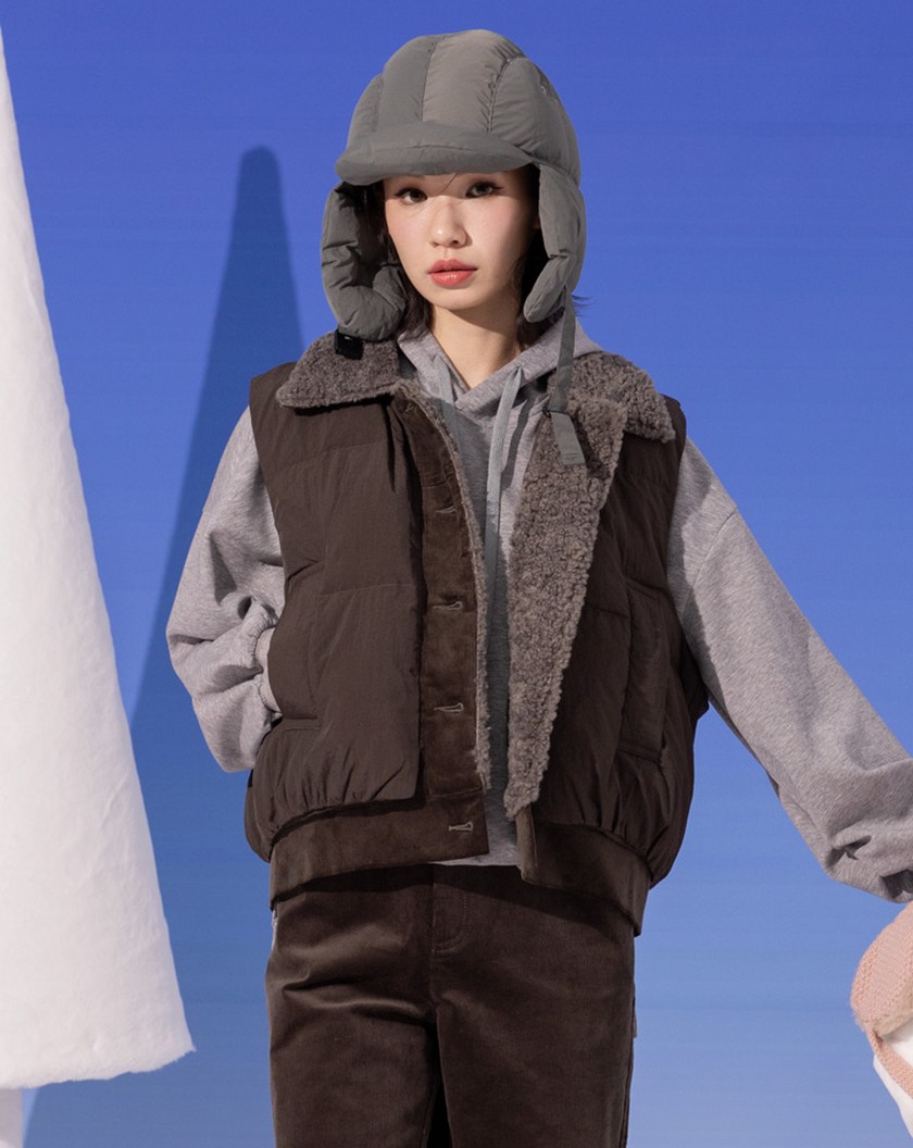 仿羊毛領條絨拼接鋪棉背心(兩色)