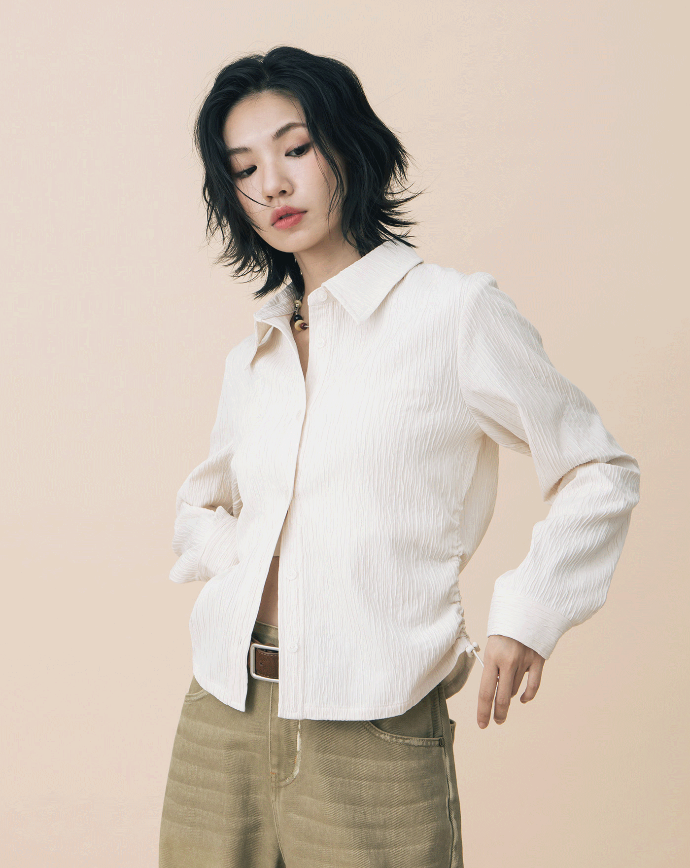 A｜立體條紋布抽繩收腰合肩襯衫(兩色)