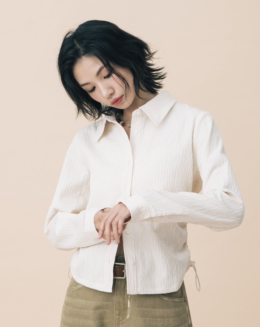 A|立體條紋布抽繩收腰合肩襯衫(兩色)