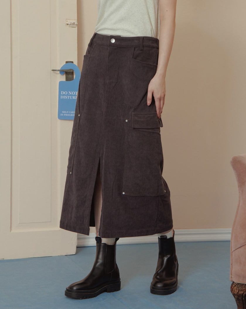 燈芯絨拼接造型口袋開衩長裙(兩色)