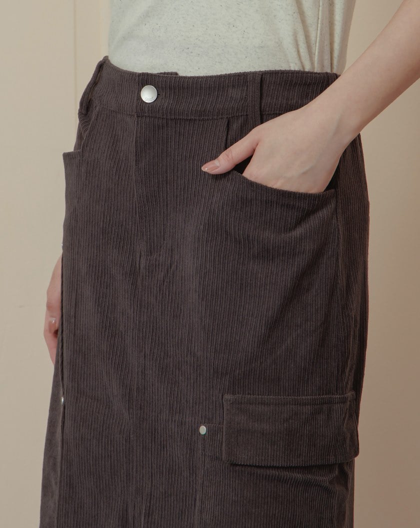 燈芯絨拼接造型口袋開衩長裙(兩色)