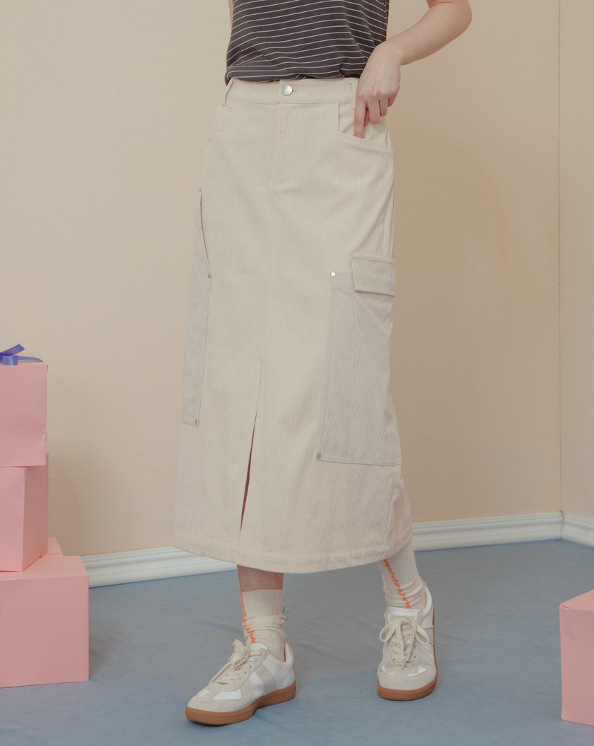 燈芯絨拼接造型口袋開衩長裙(兩色)