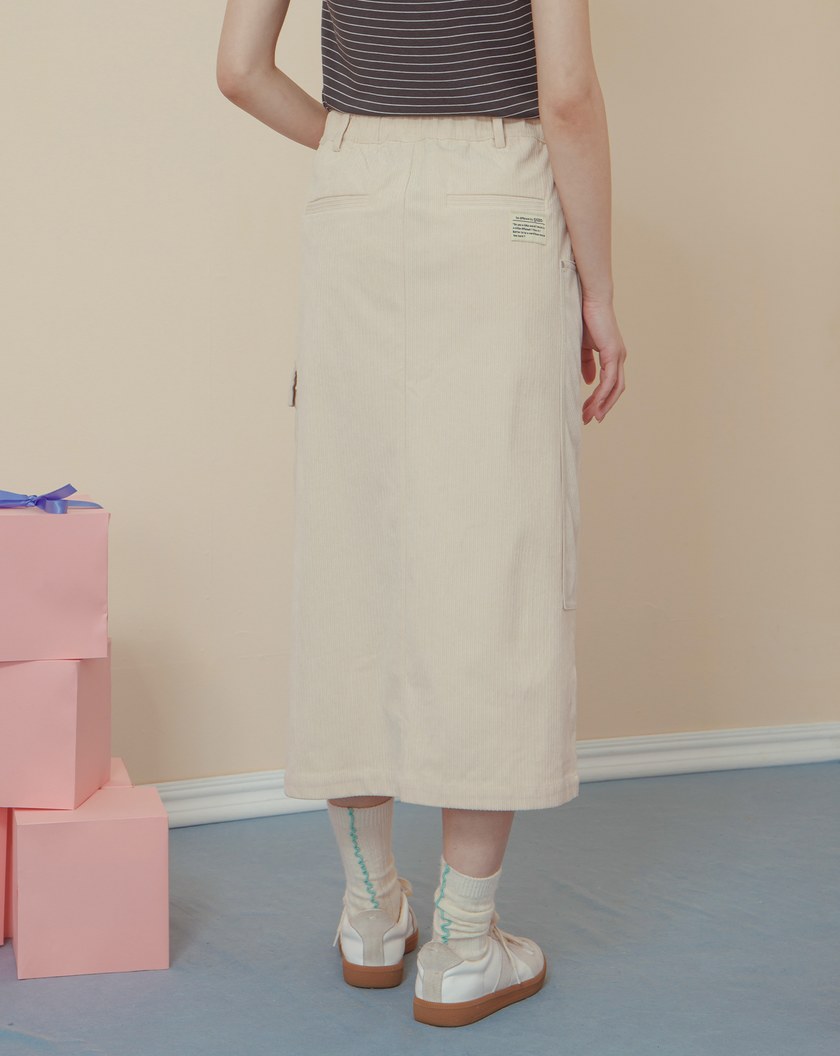 燈芯絨拼接造型口袋開衩長裙(兩色)