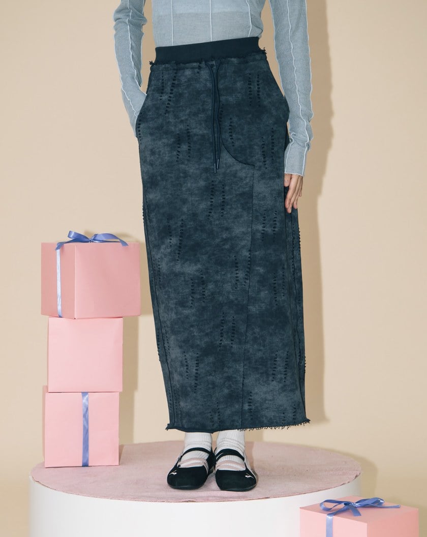 A|水洗仿舊剪破純棉直筒長裙(兩色)