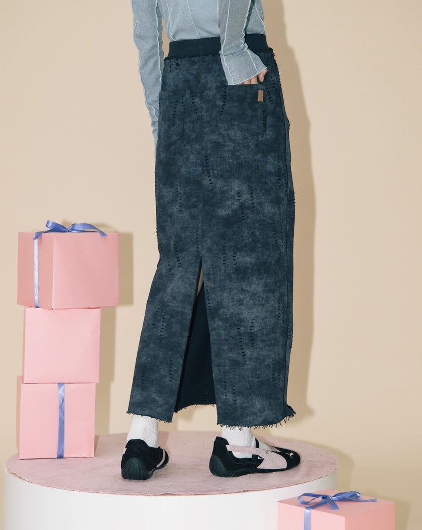 A|水洗仿舊剪破純棉直筒長裙(兩色)