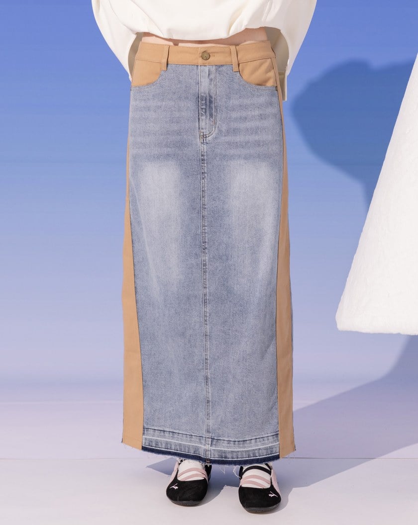 A｜顯瘦異材質拼接水洗牛仔長裙(兩色)