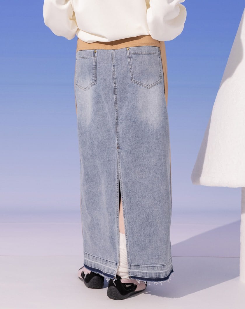 A｜顯瘦異材質拼接水洗牛仔長裙(兩色)