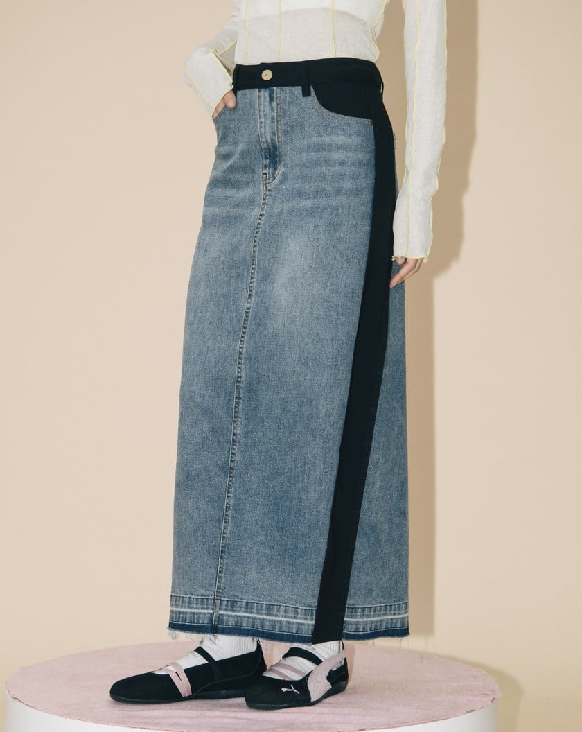 A|顯瘦異材質拼接水洗牛仔長裙(兩色)