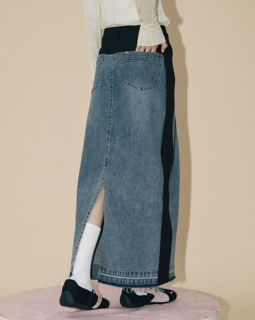 A|顯瘦異材質拼接水洗牛仔長裙(兩色)
