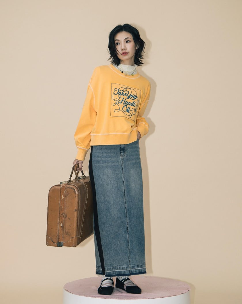 A|顯瘦異材質拼接水洗牛仔長裙(兩色)