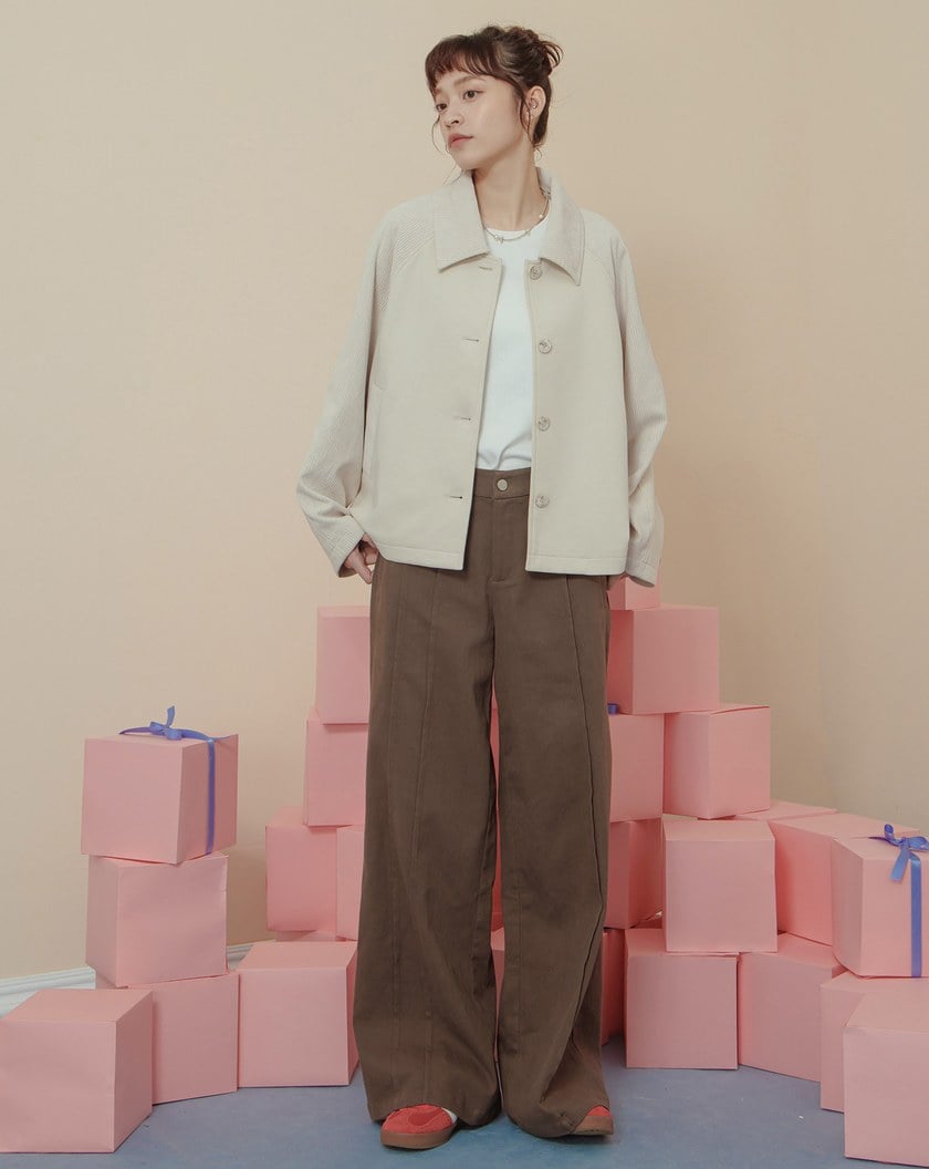 好比例不對稱壓線直筒寬褲(兩色)