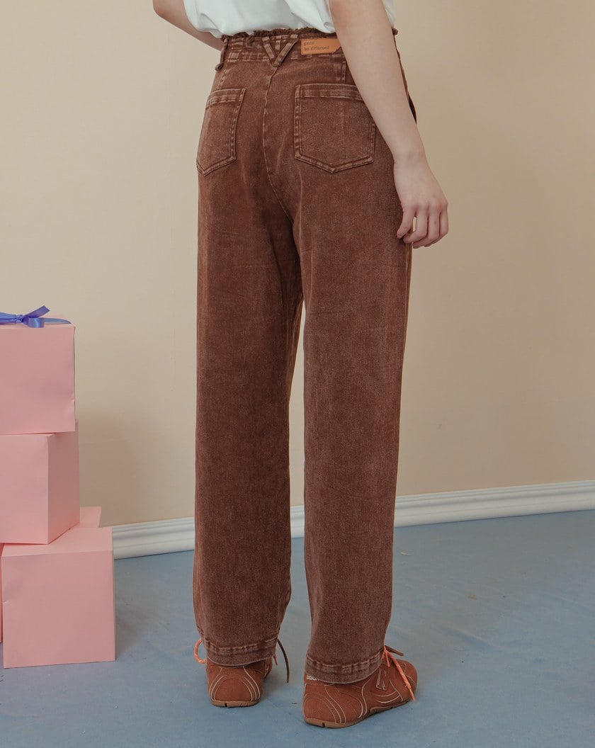 顯瘦剪接水洗腰頭抽鬚廓型褲(兩色)