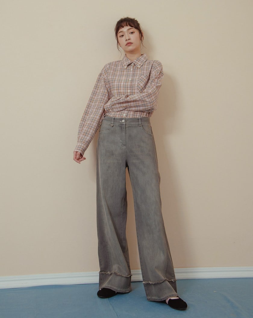 ◢shadow修容雙色拼接牛仔寬褲(兩色)