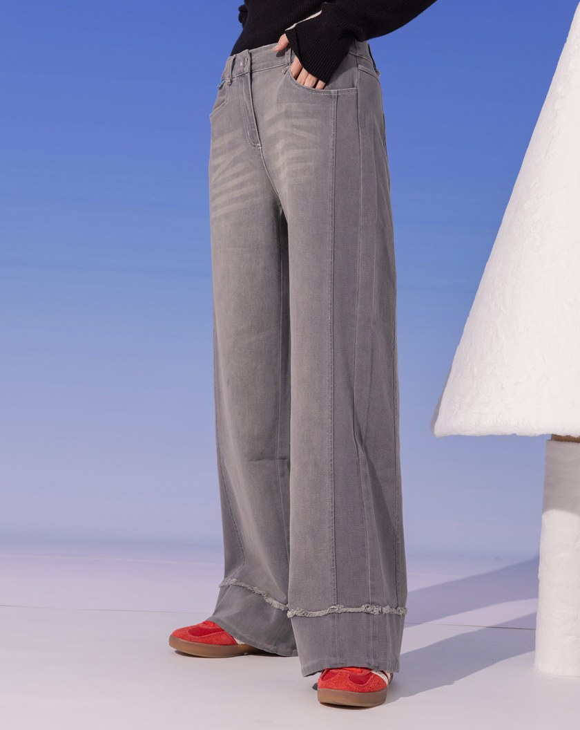 ◢shadow修容雙色拼接牛仔寬褲(兩色)