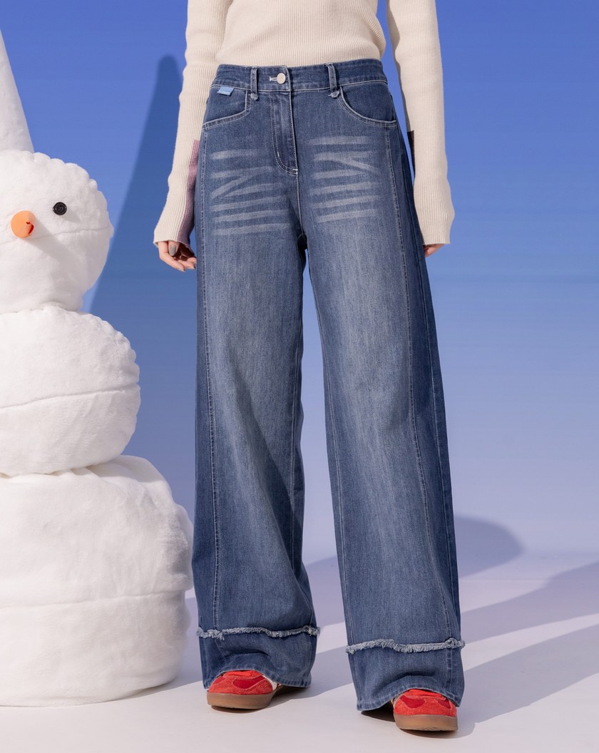 ◢shadow修容雙色拼接牛仔寬褲(兩色)