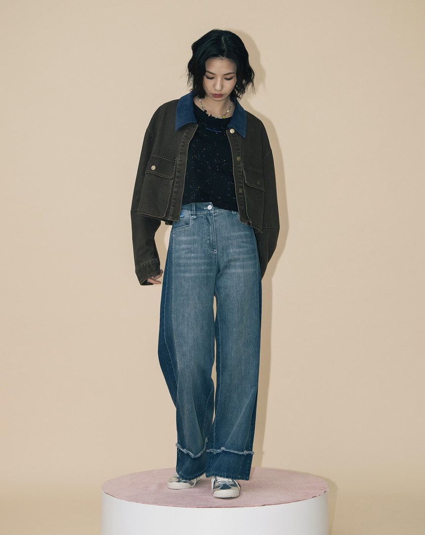 ◢shadow修容雙色拼接牛仔寬褲(兩色)