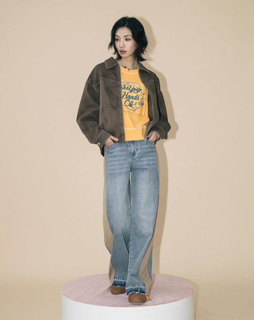 A|好比例異材質拼接水洗牛仔寬褲(兩色)