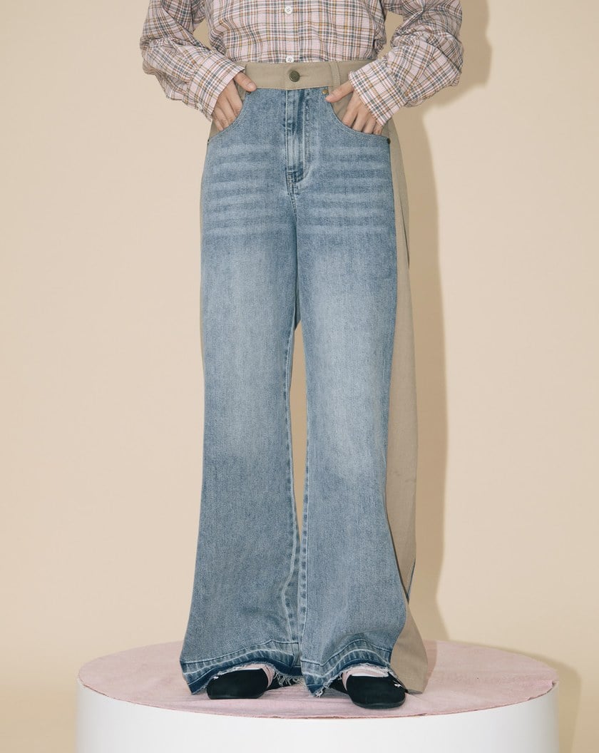 A|好比例異材質拼接水洗牛仔寬褲(兩色)