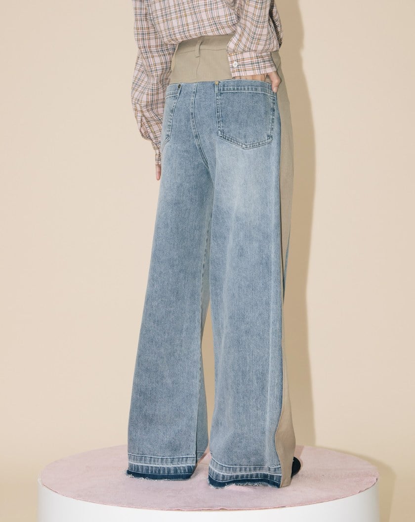 A|好比例異材質拼接水洗牛仔寬褲(兩色)