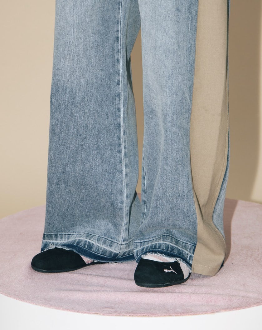 A|好比例異材質拼接水洗牛仔寬褲(兩色)