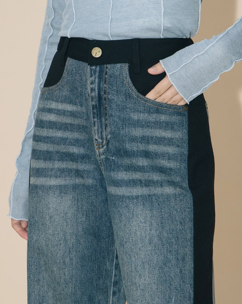 A｜好比例異材質拼接水洗牛仔寬褲(兩色)