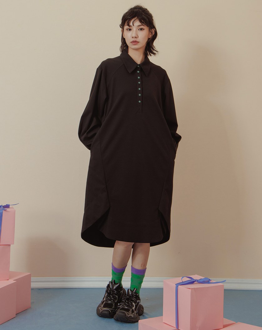 天絲造型打褶下擺polo領長袖洋裝